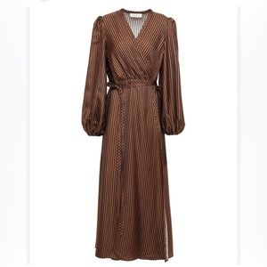 Zimmermann Gathered Striped satin-twill midi wrap dress size 3